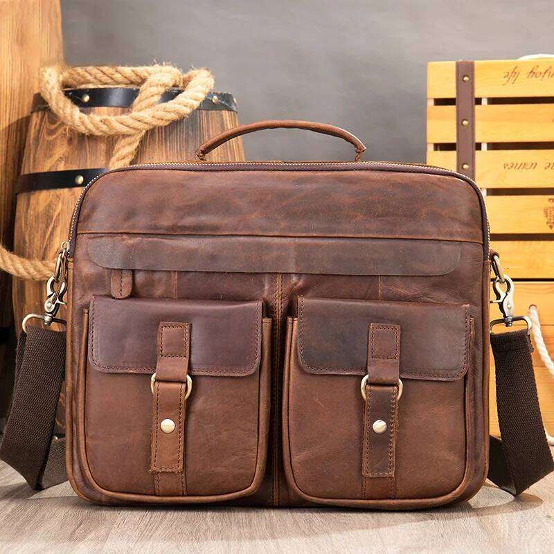 Vintage fashion men's leather shoulder crossbody top layer cowhide handbag business bag for man male briefcase bags