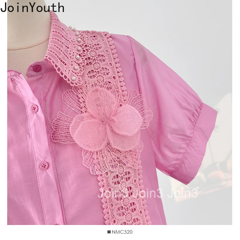 Camisas De Mujer Summer Blouses Women Clothing Beading Floral Short Sleeve Loose Shirts White Tops Patchwork Lace Vintage Blouse
