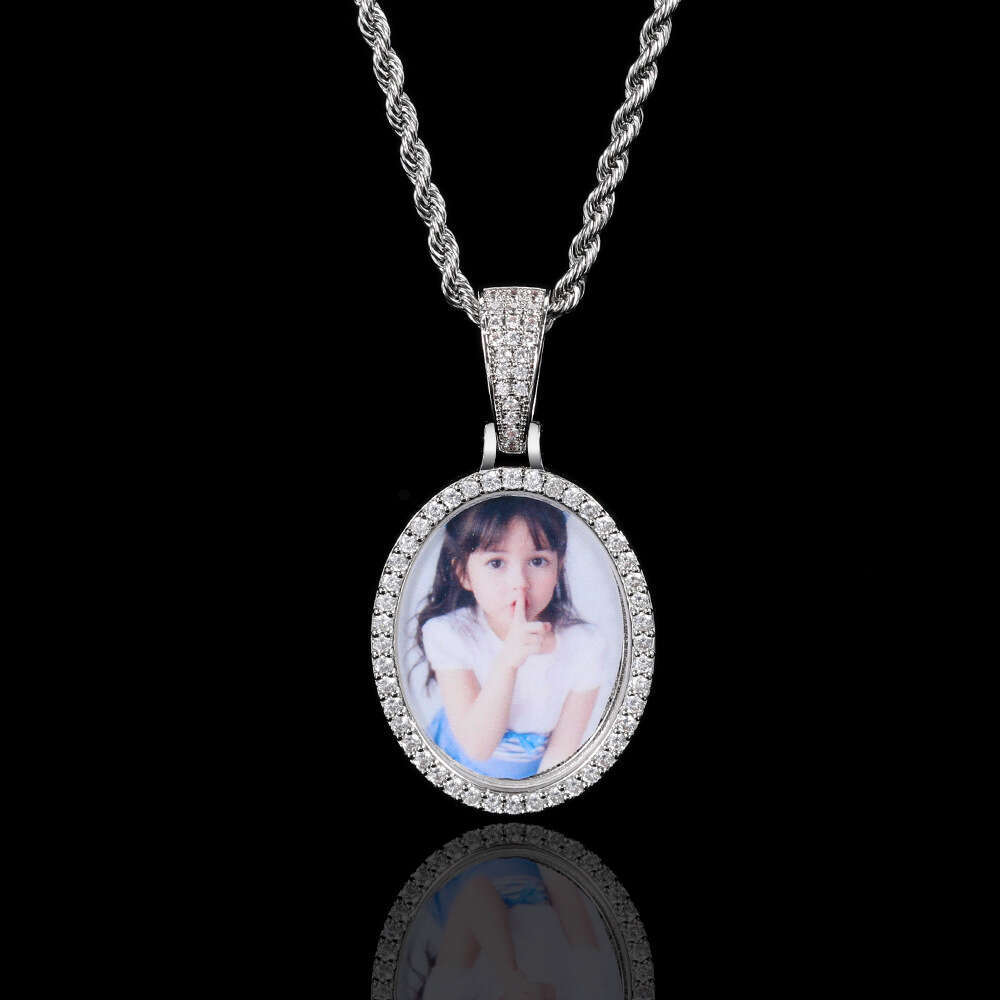 Memory DIY Commemorative Oval Necklace Micro Paved Zircon Trendy Personality Hip Hop Photo Frame Pendant 0fdc