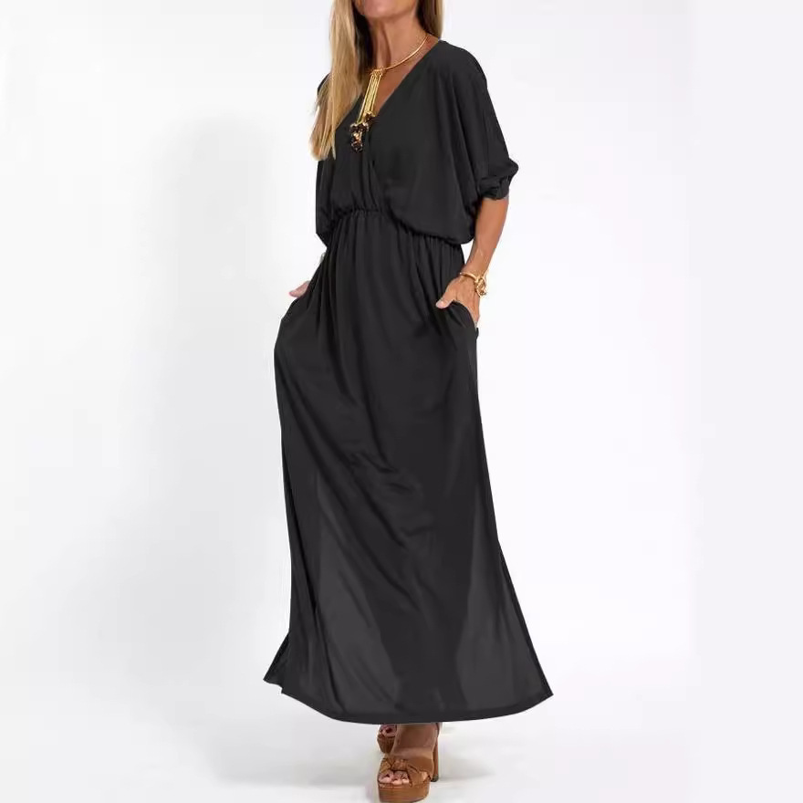 L624European and American cross-border summer new fashion solid color high waist slit V neck dress