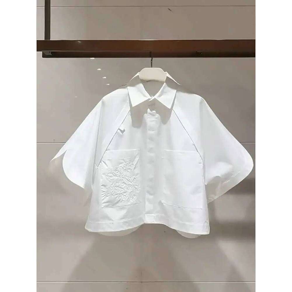 2025 Summer Blouses Half Embroidered Short Top Flip Collar Loose Bat Sleeve White Shirt For Women