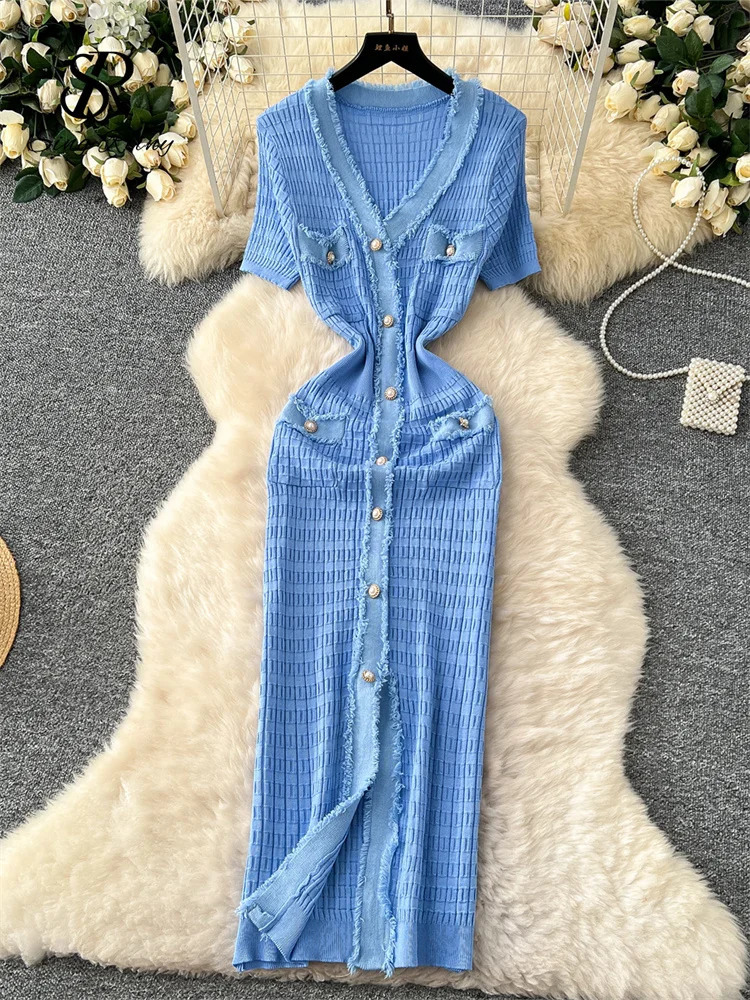 SINGREINY High Quality Elastic Knitted Long Sundress Women Short Sleeves Button Office Lady Vintage Split Slim Dress 250617