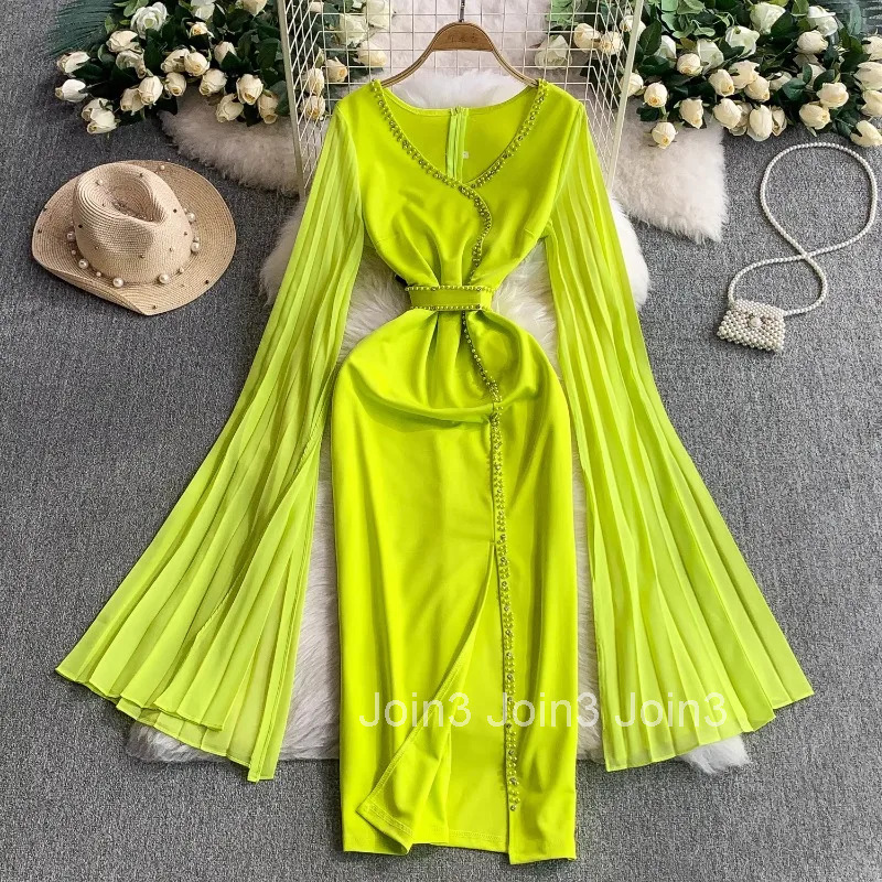 2025 Vestidos De Mujer Elegant Bodycon Dresses for Women V-neck Flare Sleeve Beading Tunic Robe Femme Split Temperament Dress