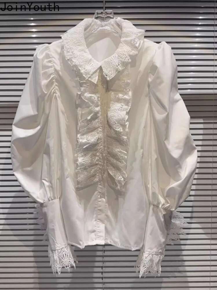 2025 Blusas Mujer De Moda Vintage Blouses Womens Clothing Puff Sleeve Patchwork Lace Shirts Loose Solid Color Temperament Tops