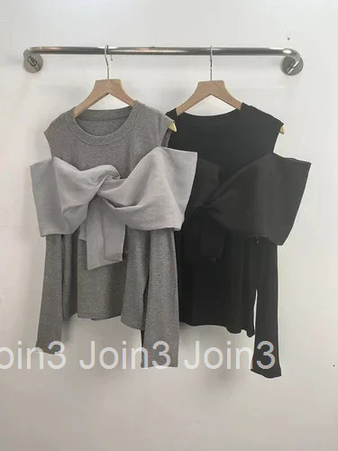 Fashion Woman Tshirts Patchwork Gauze Bow Long Sleeve Tees 2025 Ropa Mujer O-neck Off Shoulder Casual Tops Sexy Y2k T-shirt