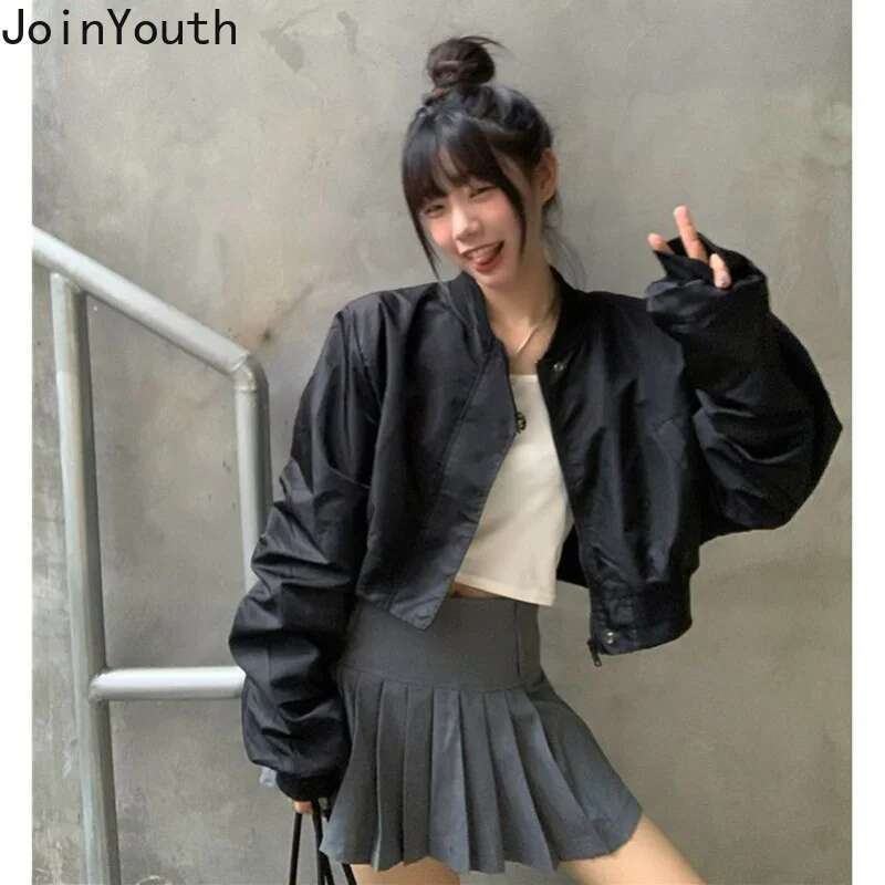 Streetwear Women Jacket Harajuku Zipper Black Cropped Tops Vintage Casual Fashion Outwear Korean Loose Y2k Coat 2025 Ropa Mujer