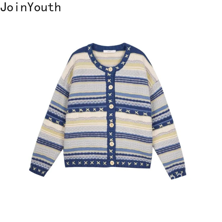 Knitwear Women Cardigan Jackets Pull Femme O-neck Vintage Fashion Striped Knitted Sweater Tops Casual Korean Sueter Mujer 63a526