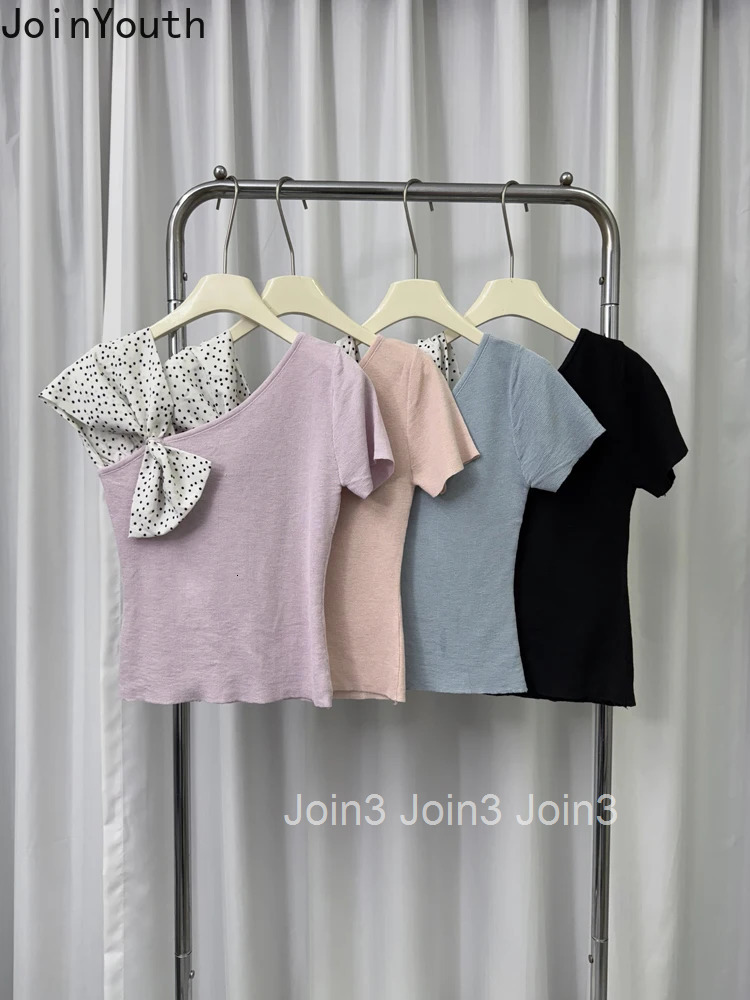 2025 Ropa Mujer Summer T Shirts Polka Dot Bow Skew Collar Tees Womens Clothing Short Sleeve Loose Tees Chic Korean Tshirt Tops