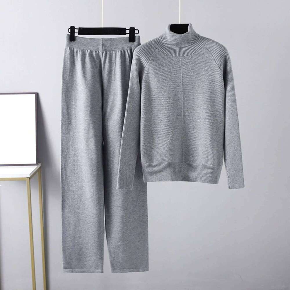 Designer Leisure High Quality Knitted Two Piece Suit Womens' Fall Winter Temperament Sweatshirts Set Wide Leg Pants And High Neck Sweater Outfit