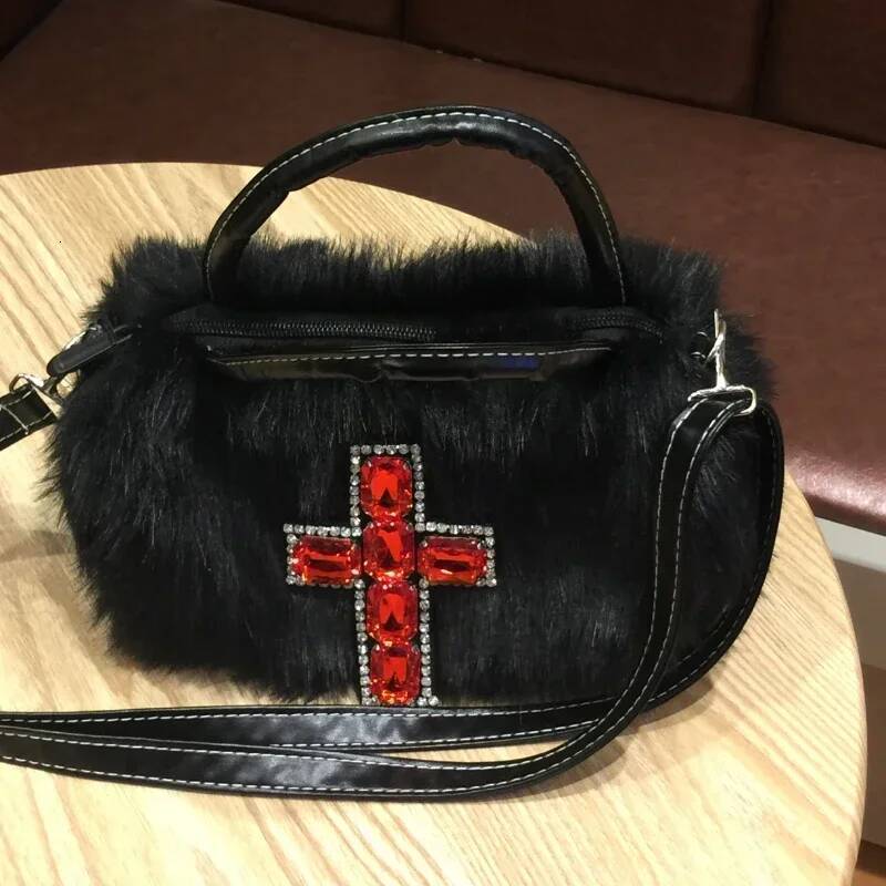 DHGM Xiuya Y2k Gothic Handbag Soft Plush Black Cross Applique Shoulder Fashion Haruku Style Punk Hip Hop Biker Crossbody Bag