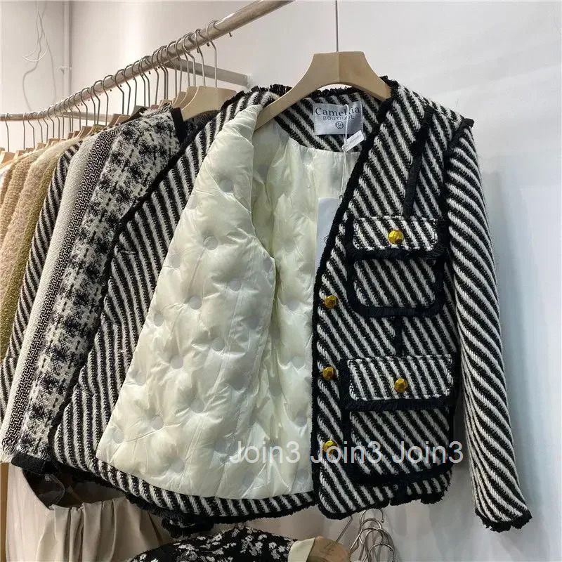 Oversized Jackets for Women Fashion Vintage Striped Tweed Thicked Outwear 2025 Ropa Mujer Winter Clothes Korean Warm Coat Tops