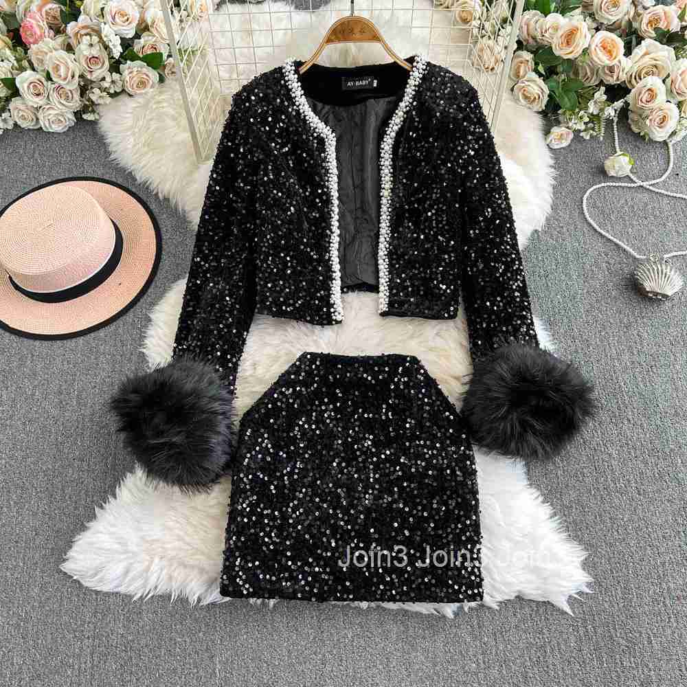 Temperament Women Clothes Chic Black Set Two Piece Sets Beading O-neck Crop Jackets Bodycon Mini Skirt Suit Heavy Sequin Outfits