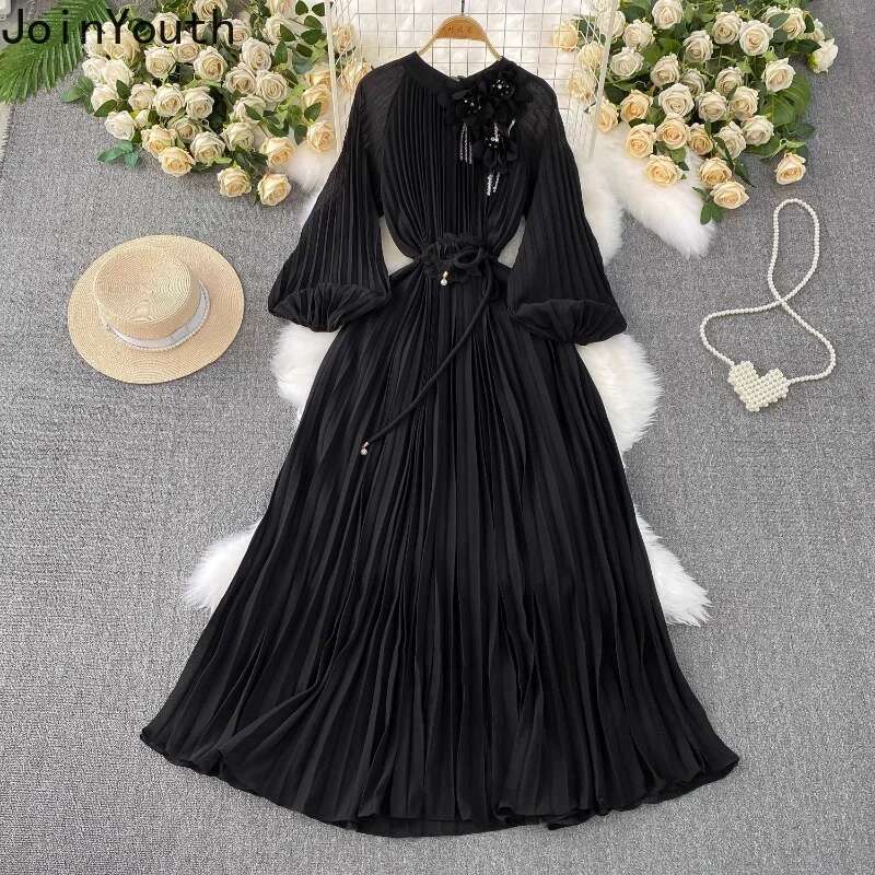 Elegant Summer Dress Lantern Sleeve O-neck Beading 3D Floral Robe Femme 2025 Vestidos De Mujer Solid Color Pleated Maxi Dresses