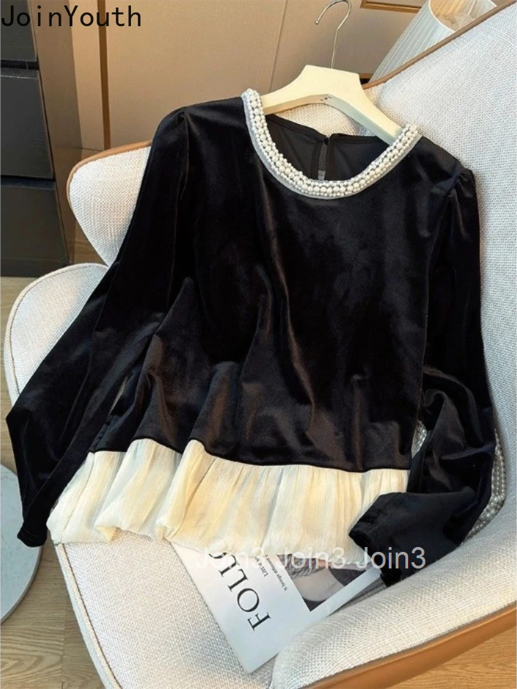 Heavy Beading O-neck Blouse Women Clothing Patchwork Velvet Shirts Crop Tops 2025 Camisas De Mujer Chic Irregular Black Blouses