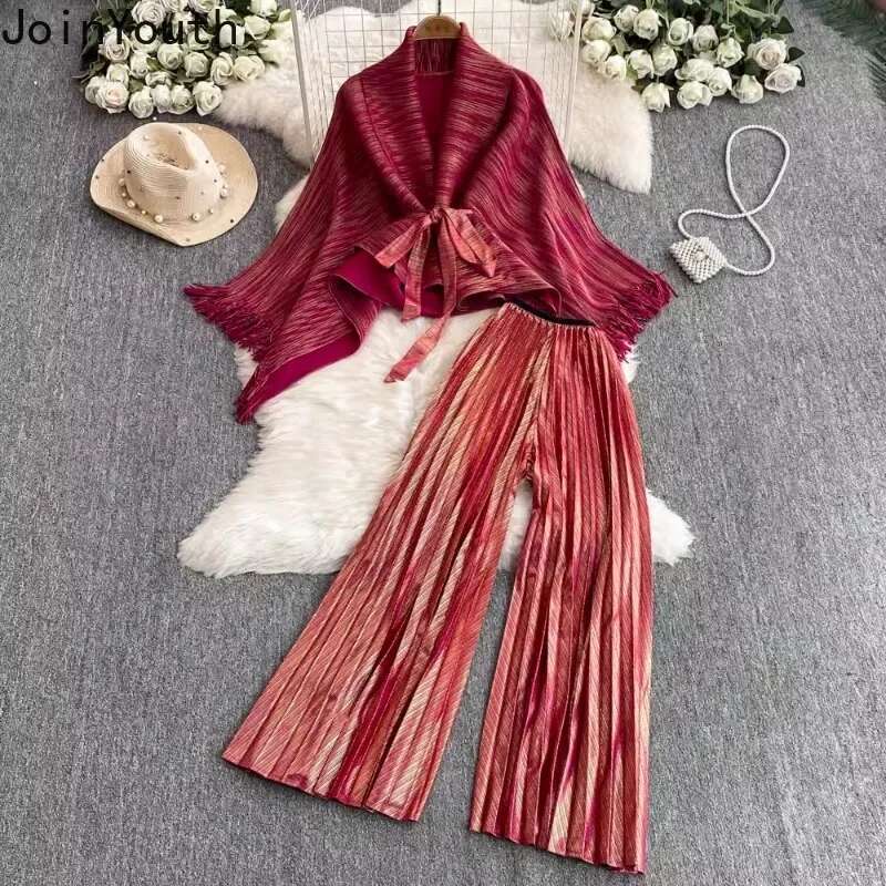Two Piece Sets Womens Outfits Bandage Tassel Slim Waist Coat High Waist Pleated Wide Leg Pants Suit Roupas Femme Fashion Set