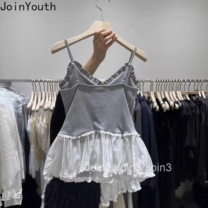 2025 Ropa Mujer Crop Tops Patchwork Contrast Color Sleeveless Sling Vest Women Clothing Sweet Ruffles Backless Sexy Tanks Women