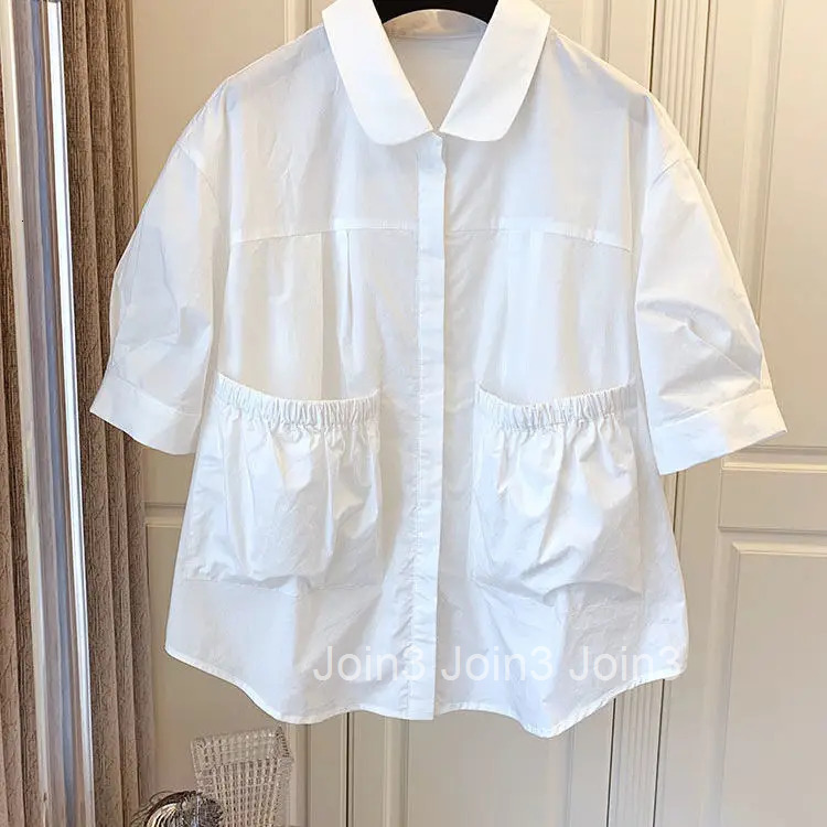 White Women Shirts 2025 Blusas Mujer De Moda Short Sleeve Pocket Vintage Blouse Loose Folds Summer Korean Blouses Tops 27p099