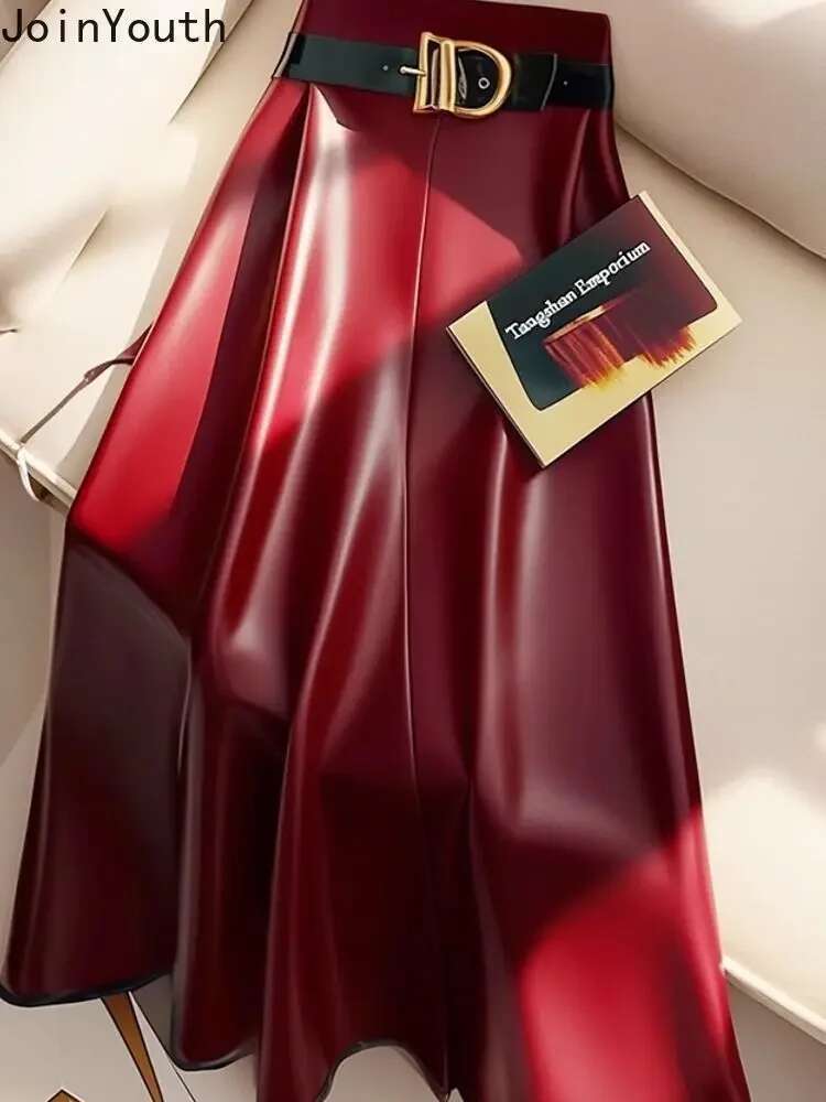 Streetwear Leather Skirts Women Temperament Jupe 2025 Faldas Mujer De Moda Tunic Korean Saia High Waist A-line PU Pleated Skirt