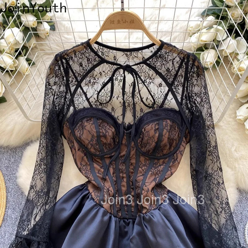 Dress Outfits Women Clothing Lace See Through Tops Tunic Bandage A-line Sweet Dresses Suit Fashion Summer Korean 2 Piece Sets