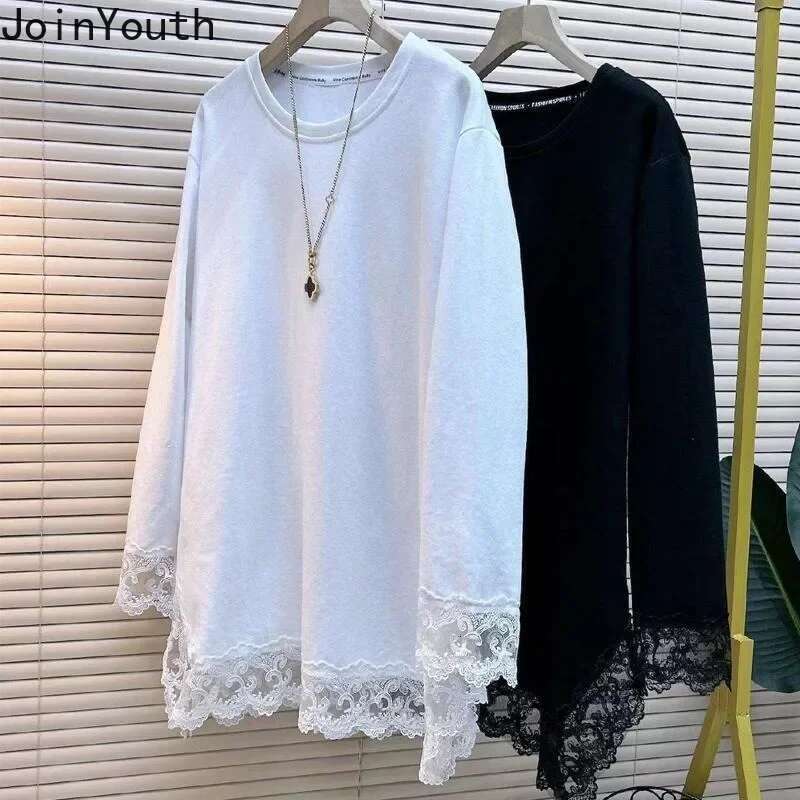 Women Clothing Oversized T Shirts 2025 Ropa Mujer Patchwork Lace Fashion Tees Korean Camisetas Casual Solid Color Tshirts Tops
