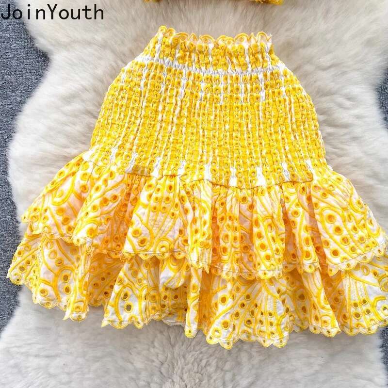 Women Clothing Summer Suit 2 Piece Sets Slash Neck Ruffles Crop Tops Bodycon Mini Skirt Outfits Hollow Out Folds Sweet Chic Set