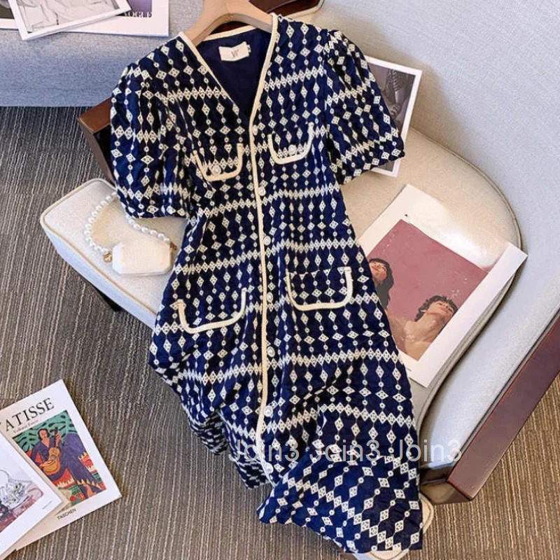 Vintage Dresses Women Clothing V-neck Puff Sleeve Tunic Print Robe Femme 2023 Vestidos De Mujer Korean Summer Elegant Maxi Dress