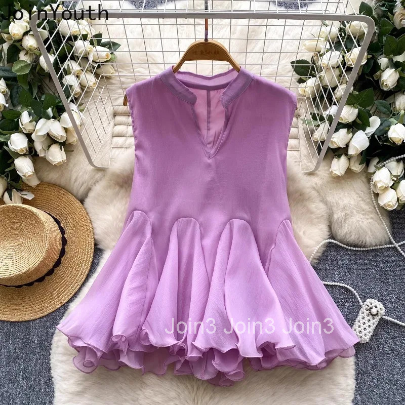 2025 Camisas De Mujer Summer Blouses Temperament Tops Female V-neck Sleeveless Loose Shirts Ruffles Solid Color Tunic Blouse