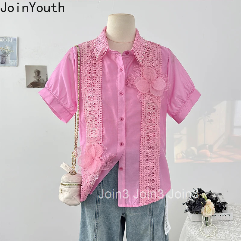 Camisas De Mujer Summer Blouses Women Clothing Beading Floral Short Sleeve Loose Shirts White Tops Patchwork Lace Vintage Blouse