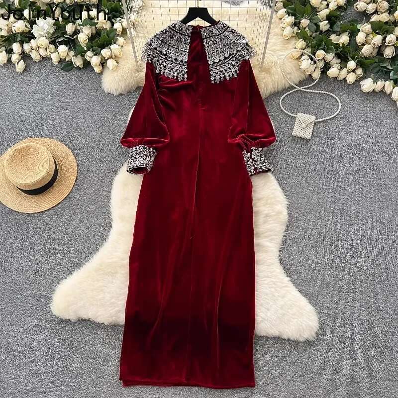 Temperament Robe Femme Vintage Loose Dresses for Women Heavy Sequin O-neck Split Velvet Maxi Dress 2025 Vestidos De Mujer 7p288