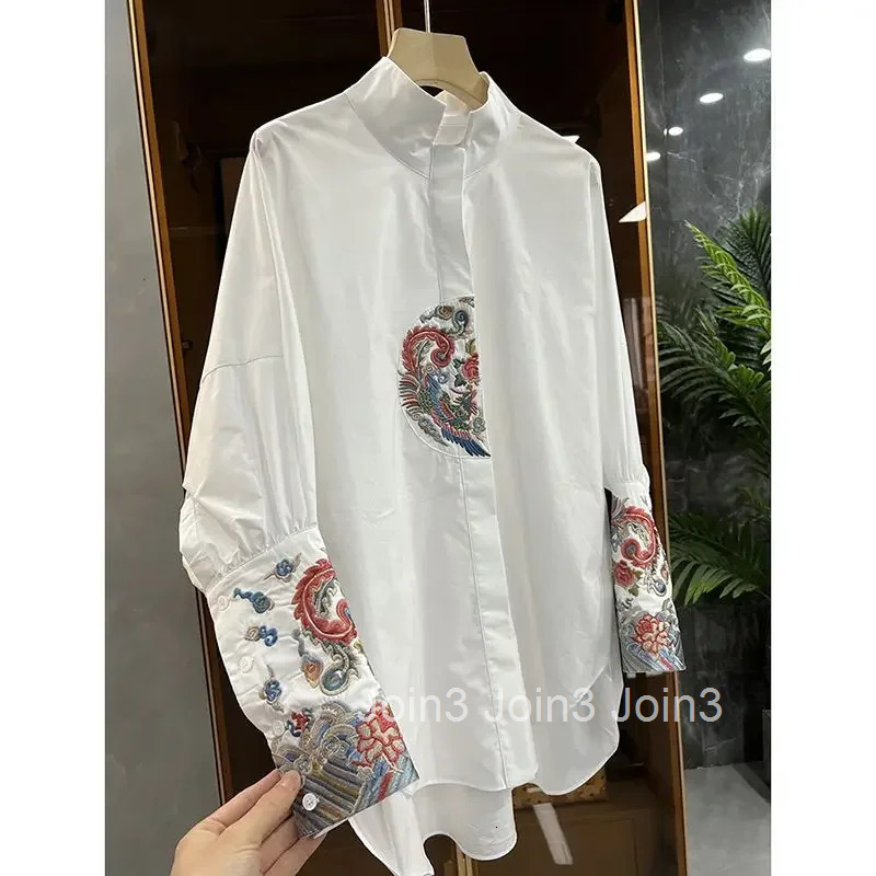 Women Clothing Vintage Oversized Blouses Fashion Stand Neck Long Sleeve Casual Blusas De Mujer Embroidery White Shirts Tops