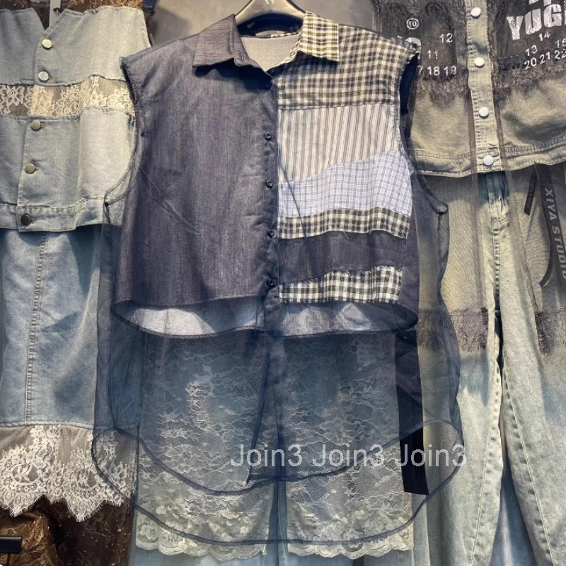 2025 Women Clothing Summer Blouses Camisas De Mujer Sleeveless Patchwork Gauze Loose Blouse Casual Irregular Plaid Blouses Tops