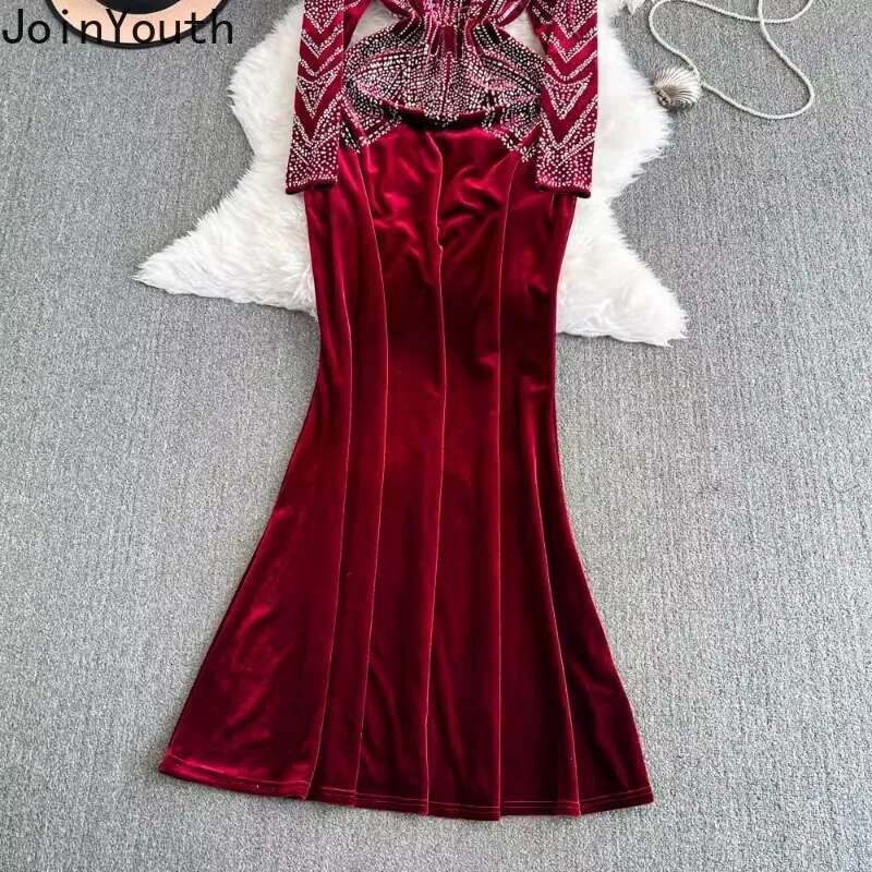 Velvet Woman Fishtail Dress V-neck Tunic Temperament Robe Femme 2025 Vestidos De Mujer Fashion Beading Bodycon Party Dresses