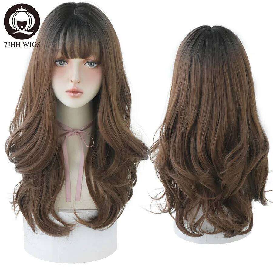 7JHH WIGS Long Fashion Deep Wave Pink Ombre Brown For Women Synthetic Loose Hair Wigs With Bangs Heat Resistant Thick Wig