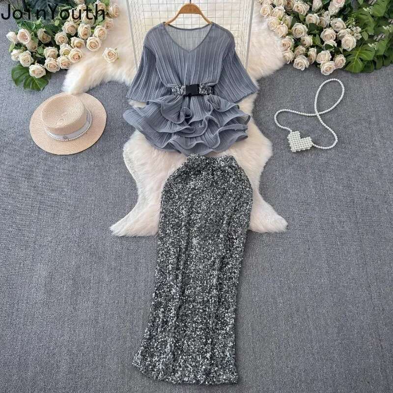 Temperament Skirt Suit V-neck Tunic Ruffles Short Sleeve Tops High Waist Bodycon Skirts 2025 Summer New Two Piece Sets Women