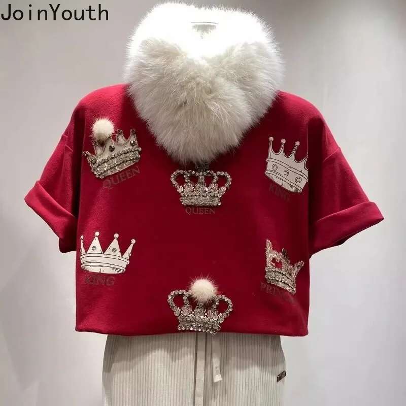 Oversized Tshirts 2025 Womens Clothing Short Sleeve O-neck Summer Tees Y2k Tops Ropa Mujer Casual Korean Chic Diamond T Shirts