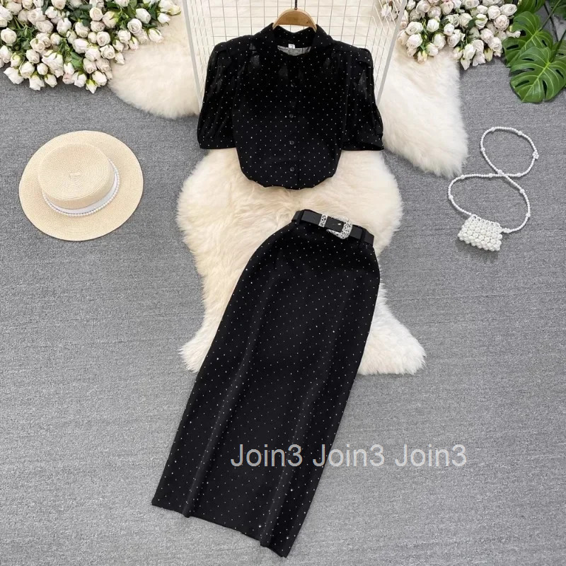 Temperament Women Clothing 2 Piece Set Polka Dot Chiffon Shirt High Waist Tunic Bodycon Skirt Outfits Roupas Femme Summer Suit