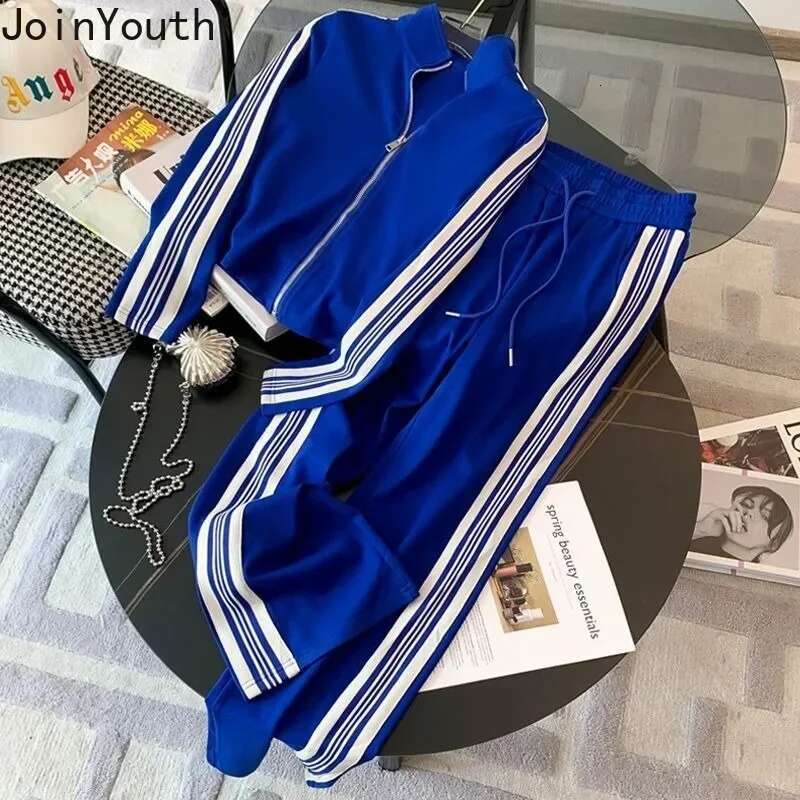 Fashion Tracksuit Korean Two Piece Set for Women Zipper Crop Hoodies High Waist Straight Wide Leg Pants Outfits Casual Y2k Suit