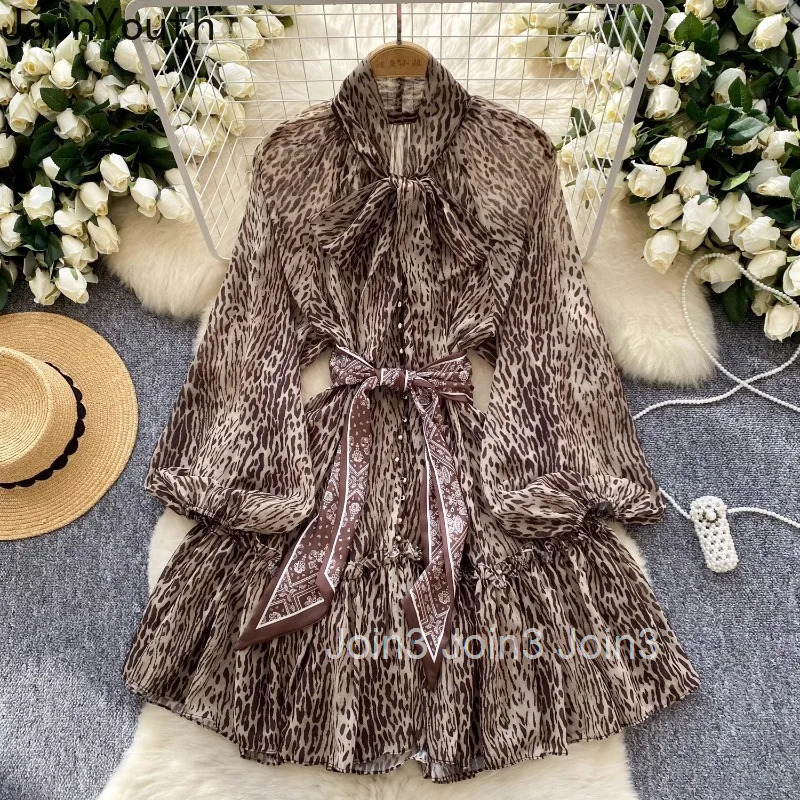 Summer Dress Women Clothing 2025 Vestidos De Mujer Slim Waist Bandage Lantern Sleeve Robe Femme Leopard Print Gauze Sexy Dresses