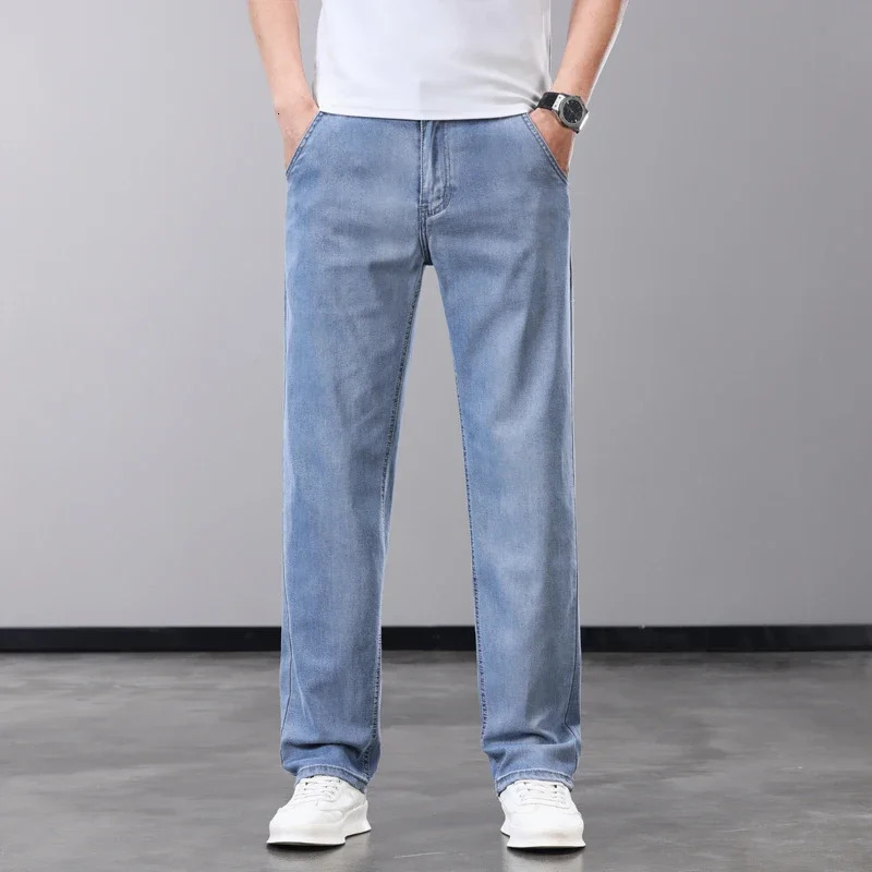 Summer Thin Mens Jeans Lyocell Fabric Soft Breathable Straight Denim Pants Man Elastic Ice Silk Casual Trousers Grey Blue 250616