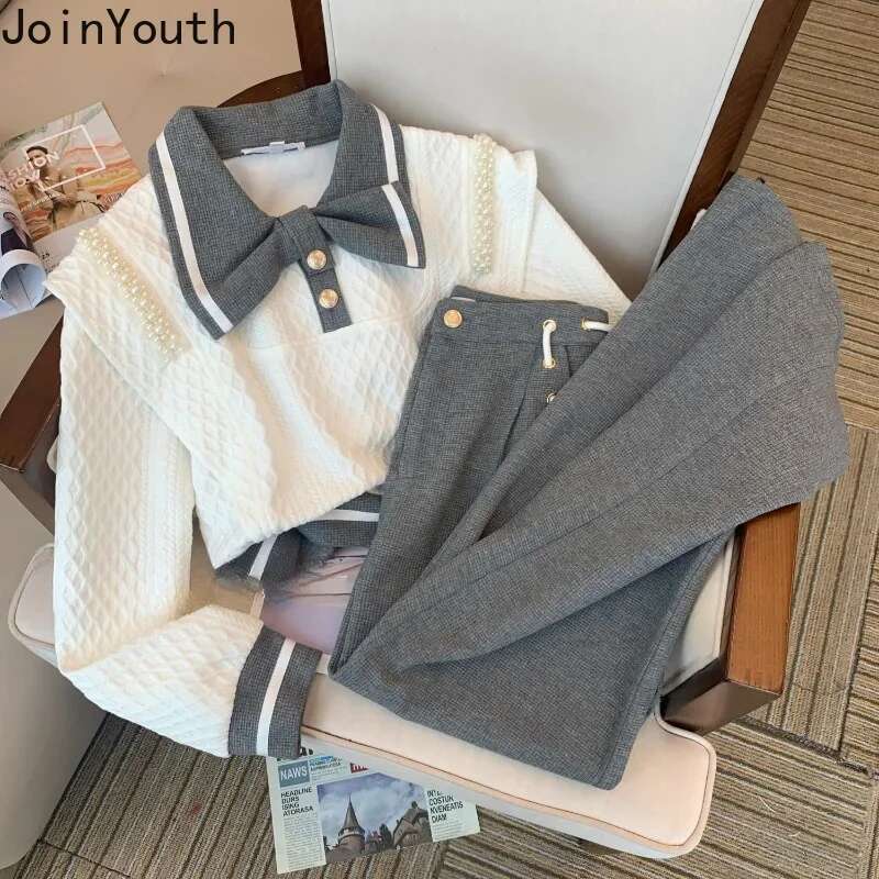 Fashion 2 Piece Sets Women Clothing Sweet Beading Bow Hoodie Tops High Waist Straight Wide Leg Pants Outfits Casual Korean Suit