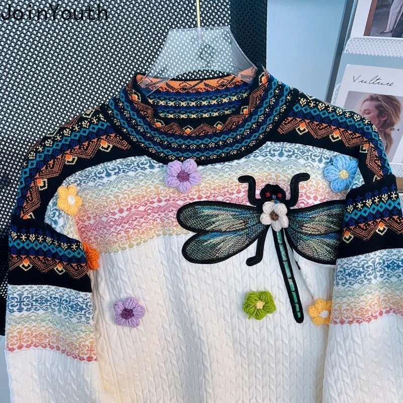 Vintage Women Sweater 2025 Ropa Mujer Heavy Embroidery Long Sleeve O-neck Jumper Fashion Korean Knitted Cropped Pullovers 27s339