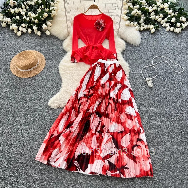 Women Clothing 2 Piece Sets Slim Waist 3D Floral Tops High Waist Print Pleated Skirt Outfits Vintage Roupas Femme Korean Suit