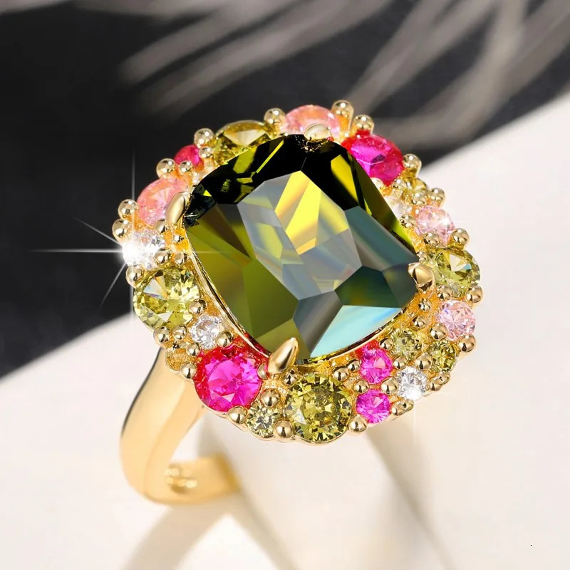 Huitan Gorgeous Green Cubic Zirconia Ladys Rings ly ned Colorful CZ Wedding Anniversary Party Fashion Jewelry for Women 250617