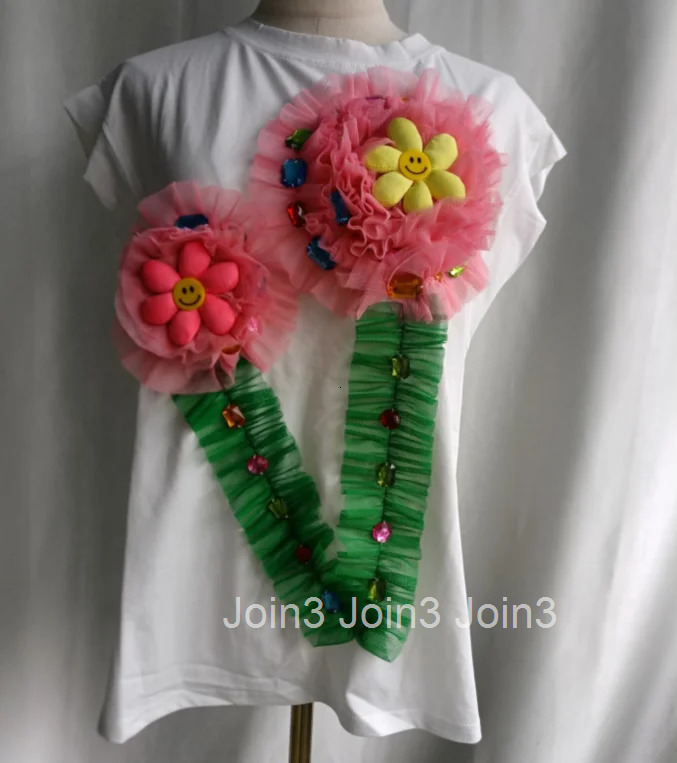 White Woman Tshirts Chic Sweet Summer Tees Short Sleeve O-neck Camisetas Women Clothing Gauze Floral Heavy Beading T-shirt Tops