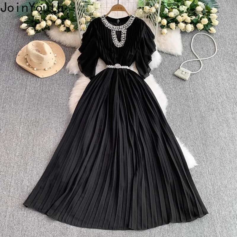 2025 Vestidos De Mujer Summer Dresses for Women Flying Sleeve Slim Waist Chic Robe Femme Heavy Diamond Hollow Out Pleated Dress