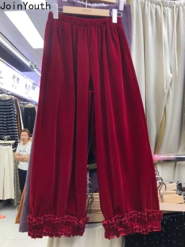 Vintage Velvet Women Wide Leg Pants High Waist Straight Tuffles Pantalon Femme Straight Loose Thicked Trousers 2025 New Bottoms