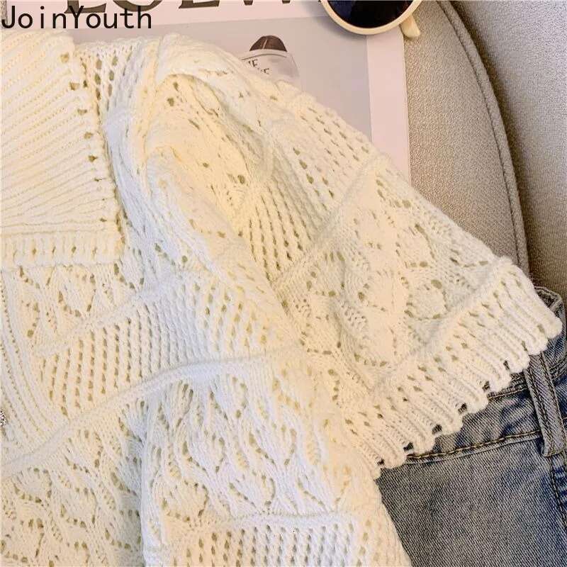 Hollow Out Knitted T Shirts for Women Turndown Collar Short Sleeve Tees 2025 Ropa Mujer Casual Fashion Summer Korean Tshirt Tops