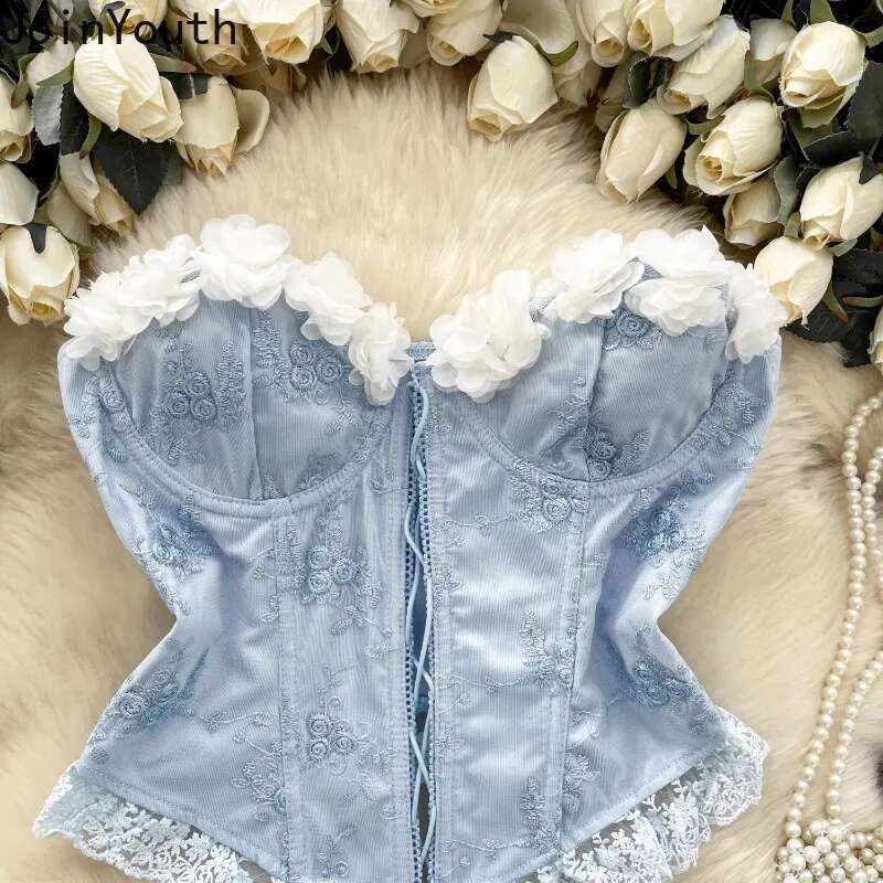 Womens Clothing Crop Top Sexy Tanks 3D Floral Bandage Tunic Camis 2025 Ropa Mujer Y2k Top Patchwork Lace Backless Summer Vest