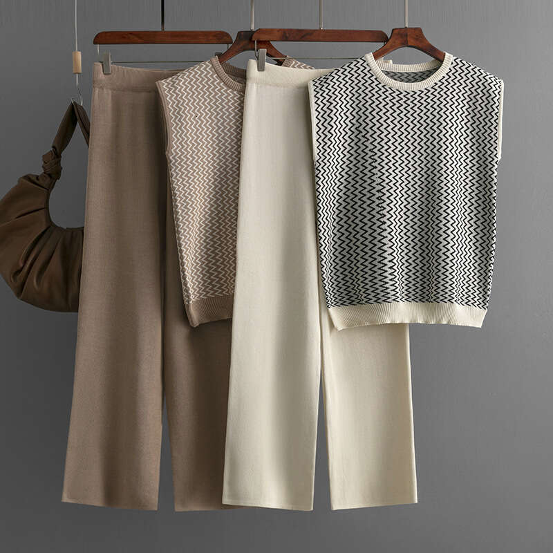 Fashion Set for Women New Sleeveless Striped Knit Top Two-Piece High-Waisted Straight-Leg Wide-Leg Pants