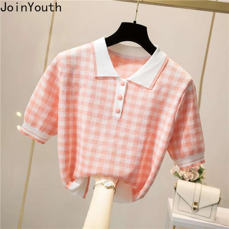 2025 Ropa Mujer Summer Woman Tshirts Short Sleeve Turndown Collar Tees Fashion Plaid Knitted T Shirt Vintage Casual T-shirt